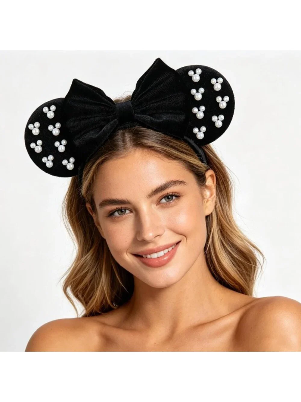 Women Balck White Polyester Velvet Mickey Mouse Halloween Costume Headband